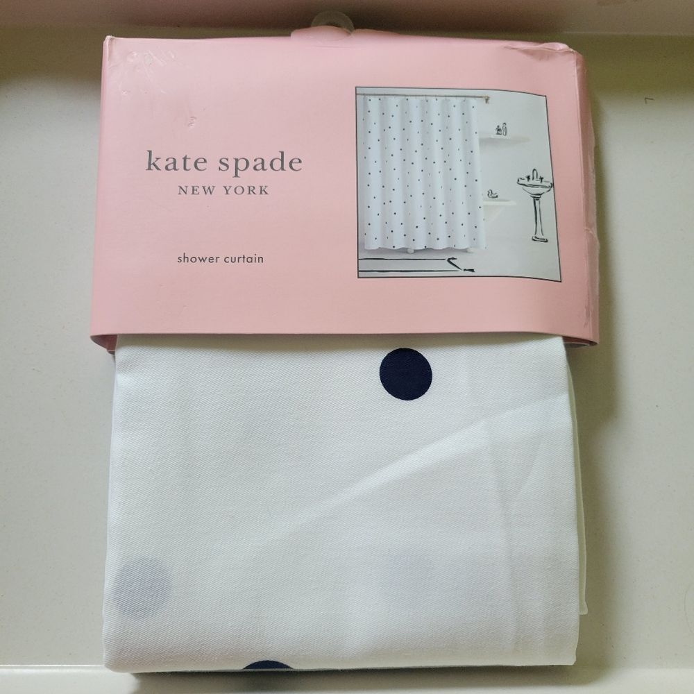 NEW KATE SPADE WHITE NAVY BLUE POLKA DOT WHIMSY DOTS BATHROOM SHOWER CURTAIN NWT